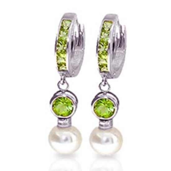 4.3 Carat 14K Solid White Gold Huggie Earrings pearl Peridot