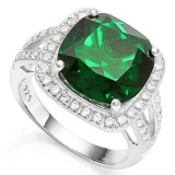 6 2/5 CARAT CREATED EMERALD  1/2 CARAT CREATED WHITE SAPPHIRE 925 STERLING SILVER RING