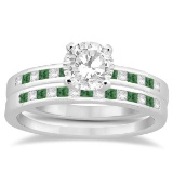 Princess Cut Diamond and Emerald Bridal Set 14k White Gold (1.14ct)