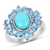 4.98 CTW Genuine Turquoise Swiss Blue Topaz and White Topaz .925 Sterling Silver Ring