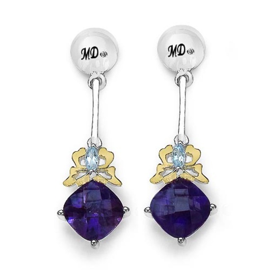 3.79 CTW Genuine Amethyst Blue Topaz & White Diamond .925 Sterling Silver Earrings