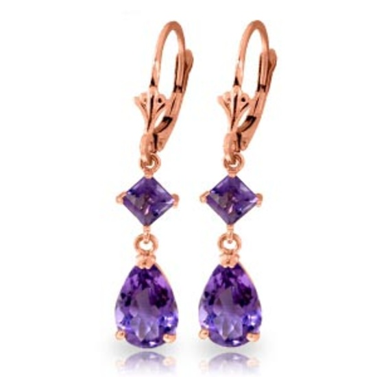 4.5 CTW 14K Solid Rose Gold Amethyst Drops Leverback Earrings