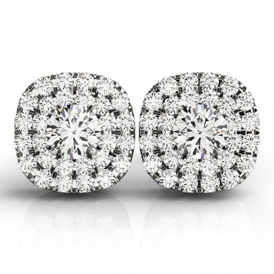 Round Cut Double Cushion Halo Stud Earrings 14k White Gold (1.50ctw)