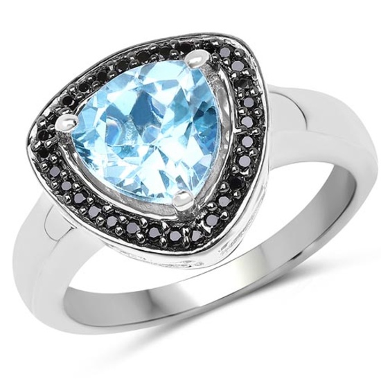 2.06 CTW Genuine Swiss Blue Topaz and Black Diamond .925 Sterling Silver Ring