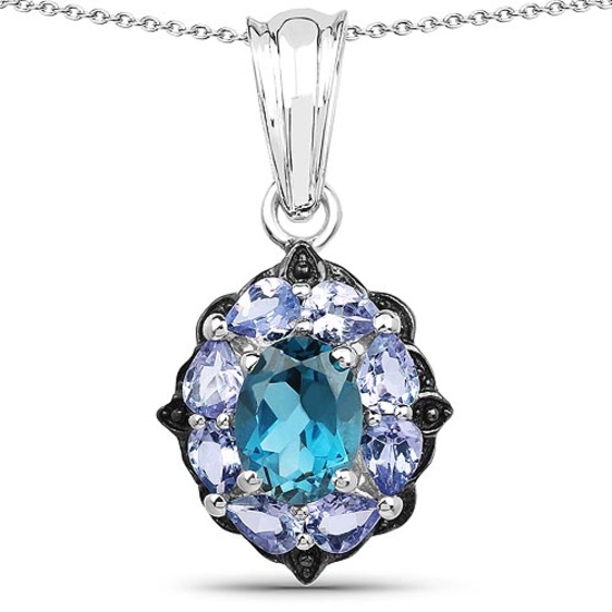 2.57 CTW Genuine London Blue Topaz and Tanzanite .925 Sterling Silver Pendant