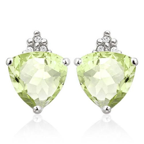 1.25 CARAT GREEN AMETHYST 10K SOLID WHITE GOLD TRILLION SHAPE EARRING WITH 0.03 CTW DIAMOND