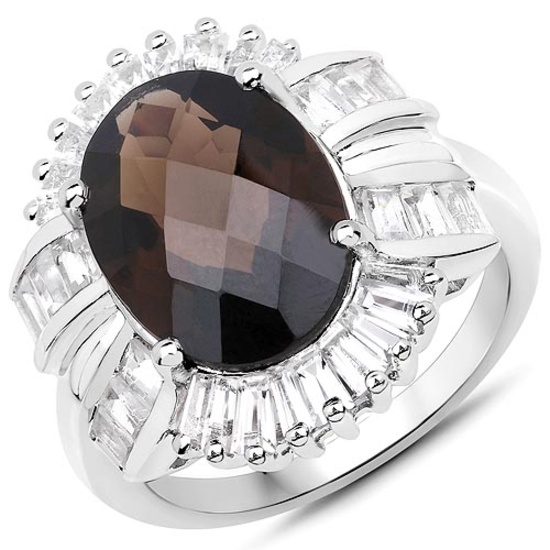 7.26 CTW Genuine Smoky Quartz and White Topaz .925 Sterling Silver Ring