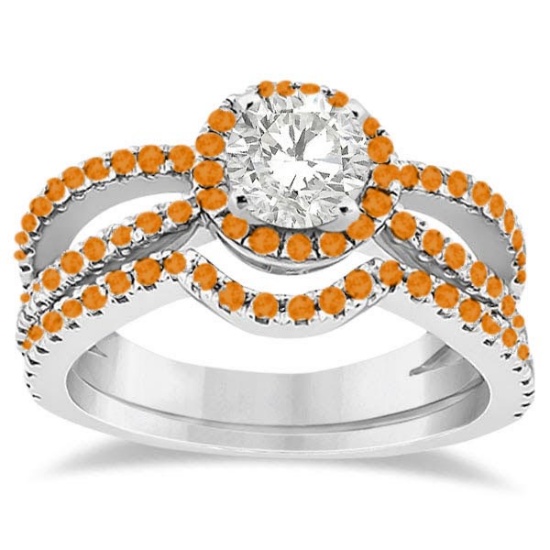 Diamond & Citrine Halo Split Shank Bridal Set 14k White Gold (1.55ctw)