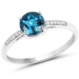 1.05 CTW Genuine London Blue Topaz and White Diamond 14K White Gold Ring