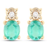 0.63 CTW Genuine Zambian Emerald and White Diamond 14K Yellow Gold Earrings