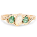 0.61 CTW Genuine Ethiopian Opal Zambian Emerald and White Diamond 14K Yellow Gold Ring
