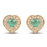 0.60 CTW Genuine Zambian Emerald and White Diamond 14K Yellow Gold Earrings