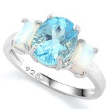 3 1/5 CT BABY SWISS BLUE TOPAZ & 1 1/5 CT CREATED FIRE OPAL 925 STERLING SILVER RING
