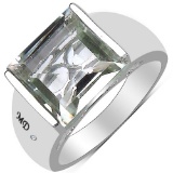 5.71 CTW Genuine Green Amethyst & White Diamond .925 Sterling Silver Ring