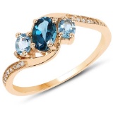 0.99 CTW Genuine London Blue Topaz Swiss Blue Topaz and White Diamond 14K Yellow Gold Ring