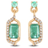 0.70 CTW Genuine Zambian Emerald and White Diamond 14K Yellow Gold Earrings