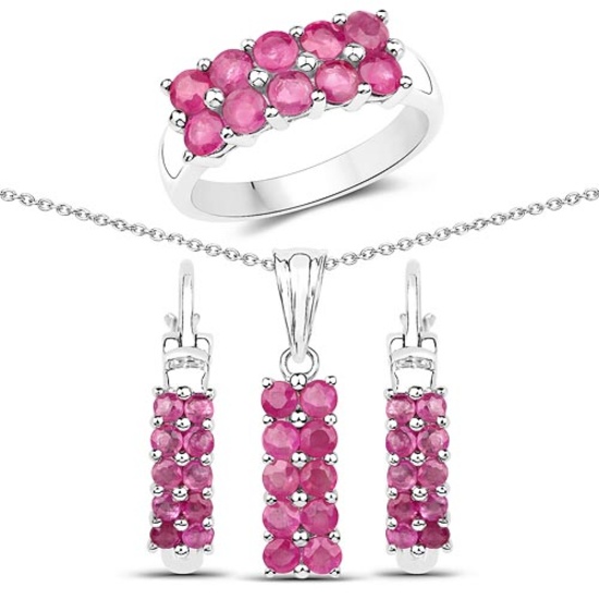 3.60 CTW Genuine Ruby .925 Sterling Silver 3 Piece Jewelry Set (Ring Earrings and Pendant w/ Chain)