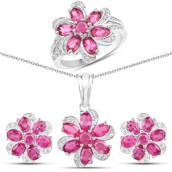 7.05 CTW Genuine Ruby and White Topaz .925 Sterling Silver 3 Piece Jewelry Set (Ring Earrings and Pe