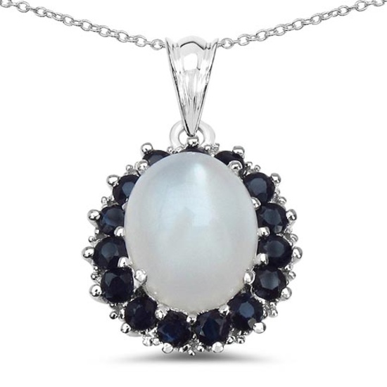 6.69 CTW Genuine White Moonstone Blue Sapphire & White Diamond .925 Sterling Silver Pendant