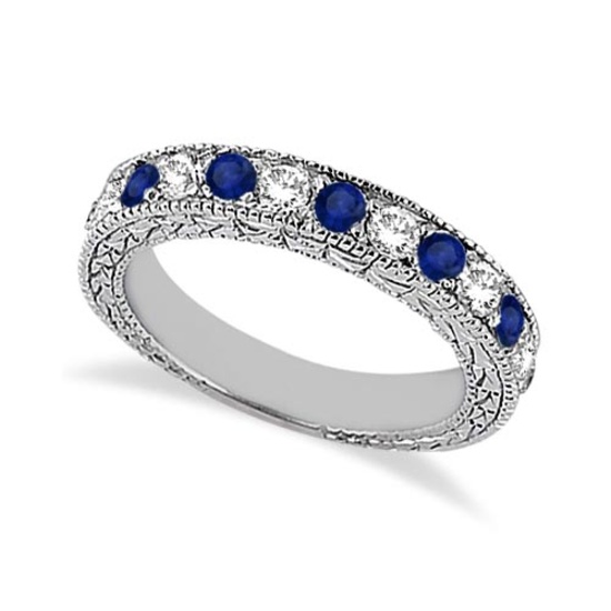 Antique Diamond and Blue Sapphire Wedding Ring Platinum (1.05ct)