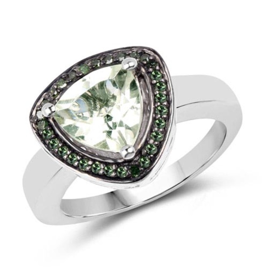1.66 CTW Genuine Green Amethyst and Green Diamond .925 Sterling Silver Ring