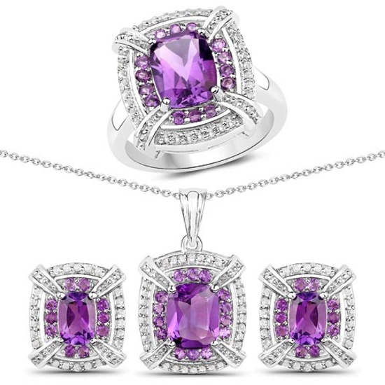 5.88 CTW Genuine Amethyst and White Topaz .925 Sterling Silver 3 Piece Jewelry Set (Ring Earrings an