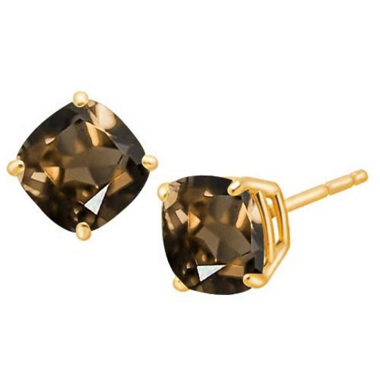 1.7 CTW SMOKEY 10K SOLID YELLOW GOLD CUSHION SHAPE EARRING