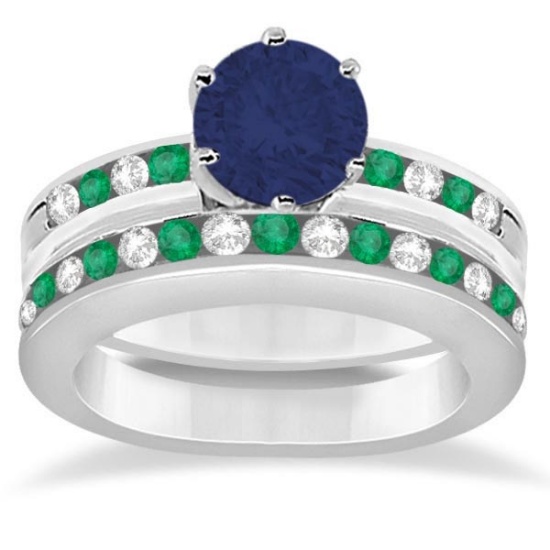 Semi-Eternity Sapphire Diamond & Emerald Bridal Set Platinum (2.91ctw)