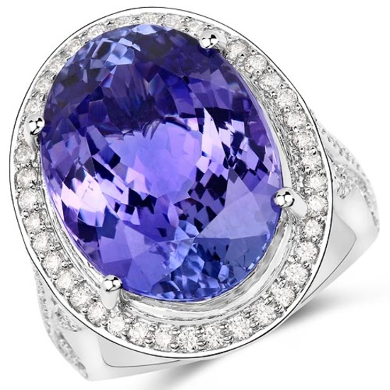 22.10 CTW Genuine Tanzanite and White Diamond 18K White Gold Ring