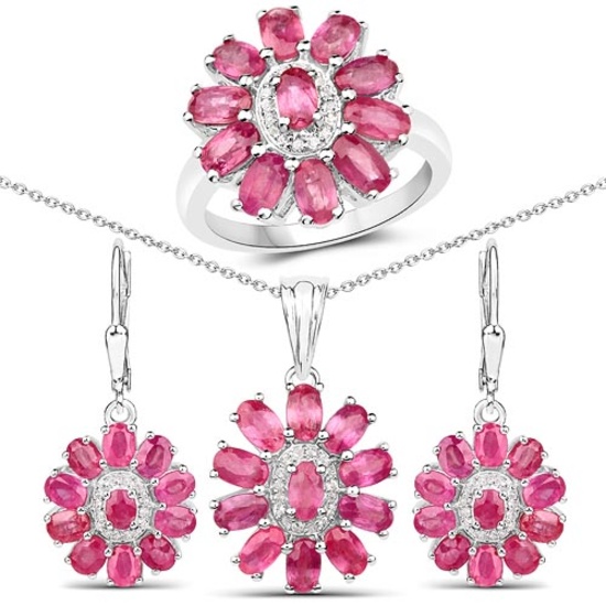 11.10 CTW Genuine Ruby and White Topaz .925 Sterling Silver 3 Piece Jewelry Set (Ring Earrings and P