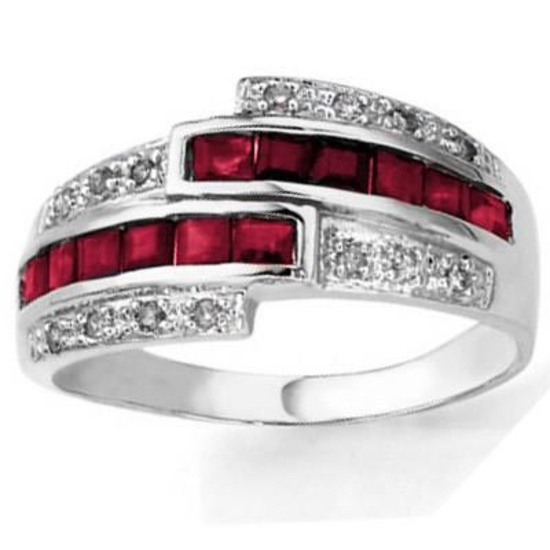 0.88 CT GENUINE RUBY  2 PCS WHITE DIAMOND 0.925 STERLING SILVER W/ PLATINUM RING