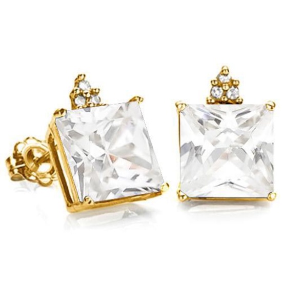 3.7 CARAT CZ 10K SOLID YELLOW GOLD SQUARE SHAPE EARRING WITH 0.03 CTW DIAMOND