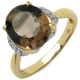 14K Yellow Gold Plated 4.74 CTW Genuine Smoky Topaz & White Topaz .925 Sterling Silver Ring