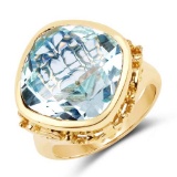 14K Yellow Gold Plated 12.90 CTW Genuine Blue Topaz .925 Sterling Silver Ring