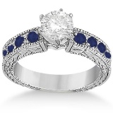 1.65ctw Antique Style Diamond & Sapphire Engagement Ring 18k White Gold