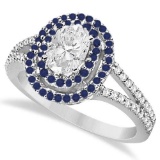 Double Halo Diamond & Sapphire Engagement Ring 14K White Gold (1.14ctw)