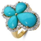 14K Yellow Gold Plated 6.31 CTW Genuine Turquoise & White Topaz .925 Sterling Silver Ring