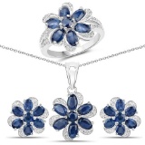 6.05 CTW Genuine Blue Sapphire and White Topaz .925 Sterling Silver 3 Piece Jewelry Set (Ring Earrin