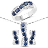 3.29 CTW Genuine Blue Sapphire and White Topaz .925 Sterling Silver 3 Piece Jewelry Set (Ring Earrin