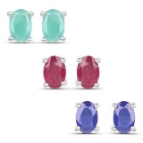 2.96 CTW Emerald Glass Filled Ruby and Glass Filled Sapphire .925 Sterling Silver Earrings