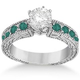 1.60ctw Antique Style Diamond & Emerald Engagement Ring 18k White Gold
