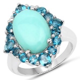 6.63 CTW Genuine Turquoise and London Blue Topaz .925 Sterling Silver Ring