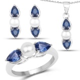 7.36 CTW Genuine Blue Sapphire and Pearl .925 Sterling Silver Ring Pendant and Earrings Set