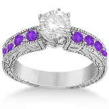 1.55ctw Antique Style Diamond & Amethyst Engagement Ring 18k White Gold