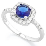 1 1/3 CARAT CREATED BLUE SAPPHIRE  1/4 CARAT (26 PCS) FLAWLESS CREATED DIAMOND 925 STERLING SILVER H