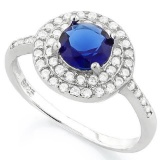 1 1/3 CARAT CREATED BLUE SAPPHIRE  1/2 CARAT (47 PCS) FLAWLESS CREATED DIAMOND 925 STERLING SILVER H