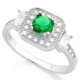 3/5 CARAT CREATED EMERALD  1/4 CARAT (24 PCS) FLAWLESS CREATED DIAMOND 925 STERLING SILVER HALO RING