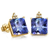 3.55 CARAT LAB TANZANITE 10K SOLID YELLOW GOLD SQUARE SHAPE EARRING WITH 0.03 CTW DIAMOND