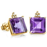2.01 CARAT AMETHYST 10K SOLID YELLOW GOLD SQUARE SHAPE EARRING WITH 0.03 CTW DIAMOND