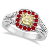 Yellow Diamond & Ruby Milgrain-Edge Ring 14k White Gold (1.05 ctw)